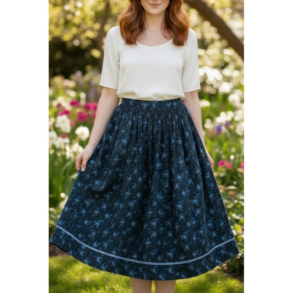 Vintage Trachten-Feichtinger Blue Floral Cotton Skirt Dirndl Folkloric 38 S/M